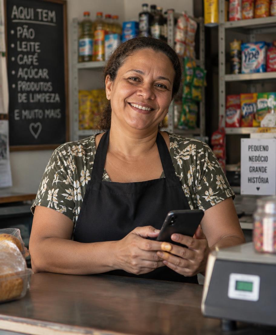 Dona de uma loja de bairro no balcão, com o celular na mão