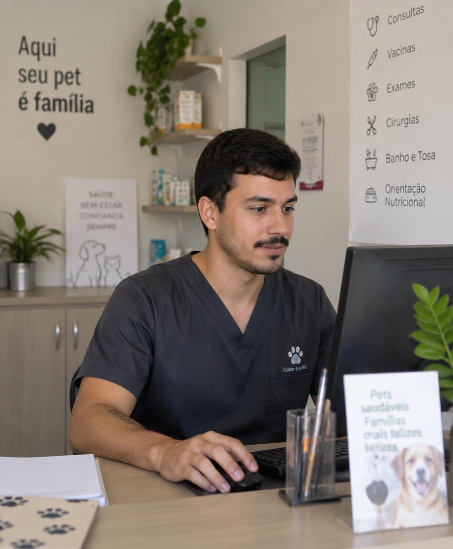 Recepcionista de uma clínica veterinária olhando a agenda